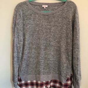 Pixley Gray Sweater with Mock Plaid Shirt at Hem